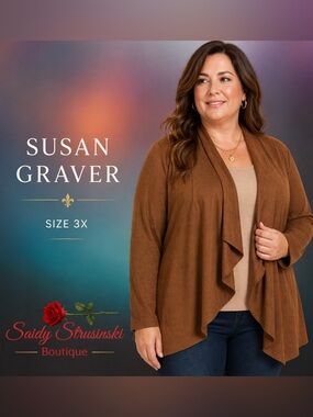 Susan Graver Faux Suede Drape Front Cardigan Brown Size 3X